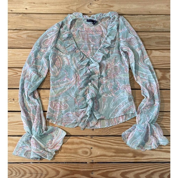 NEW Asos Design Paisley Ruffle Blouse Size 0 Women’s Green Button Front - Picture 1 of 8